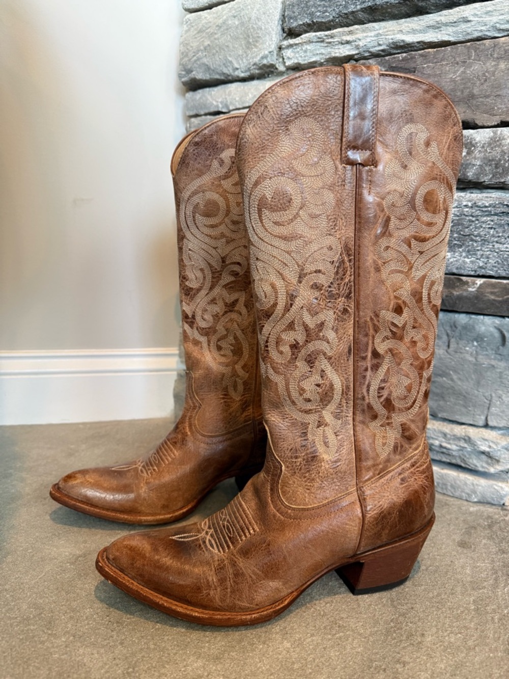 Shyanne Full Grain Distressed Leather, Two Tone Brown Leather Western Boots